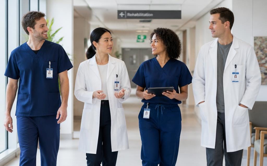 Hospital rehabilitation PT and OT clinicians coordinating patient care